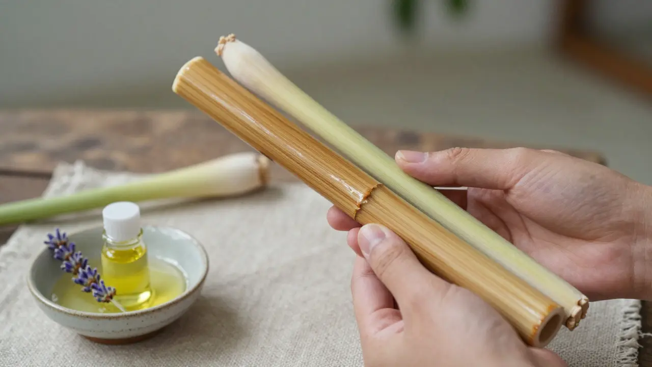 Zwei Bambusstäbe mit Öl beschichtet, neben einer Schale mit ätherischen Ölen und Zitronengras auf einem Leinentuch.