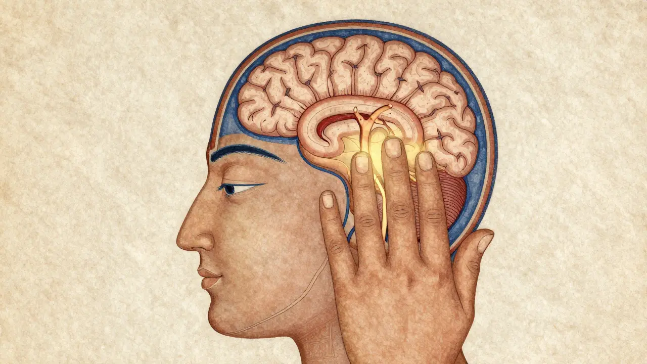 Ayurvedische Darstellung der Energiebahnen im Kopf, die durch sanften Druck der Finger aktiviert werden.