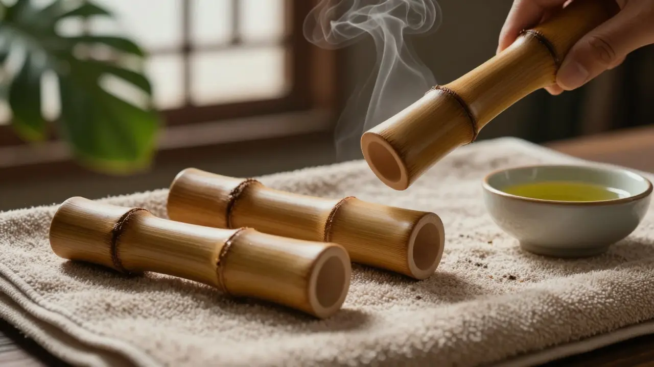 Drei erwärmte Bambusmassagestäbe ruhen auf einem Leinentuch neben ätherischem Öl, bereit zur Anwendung.