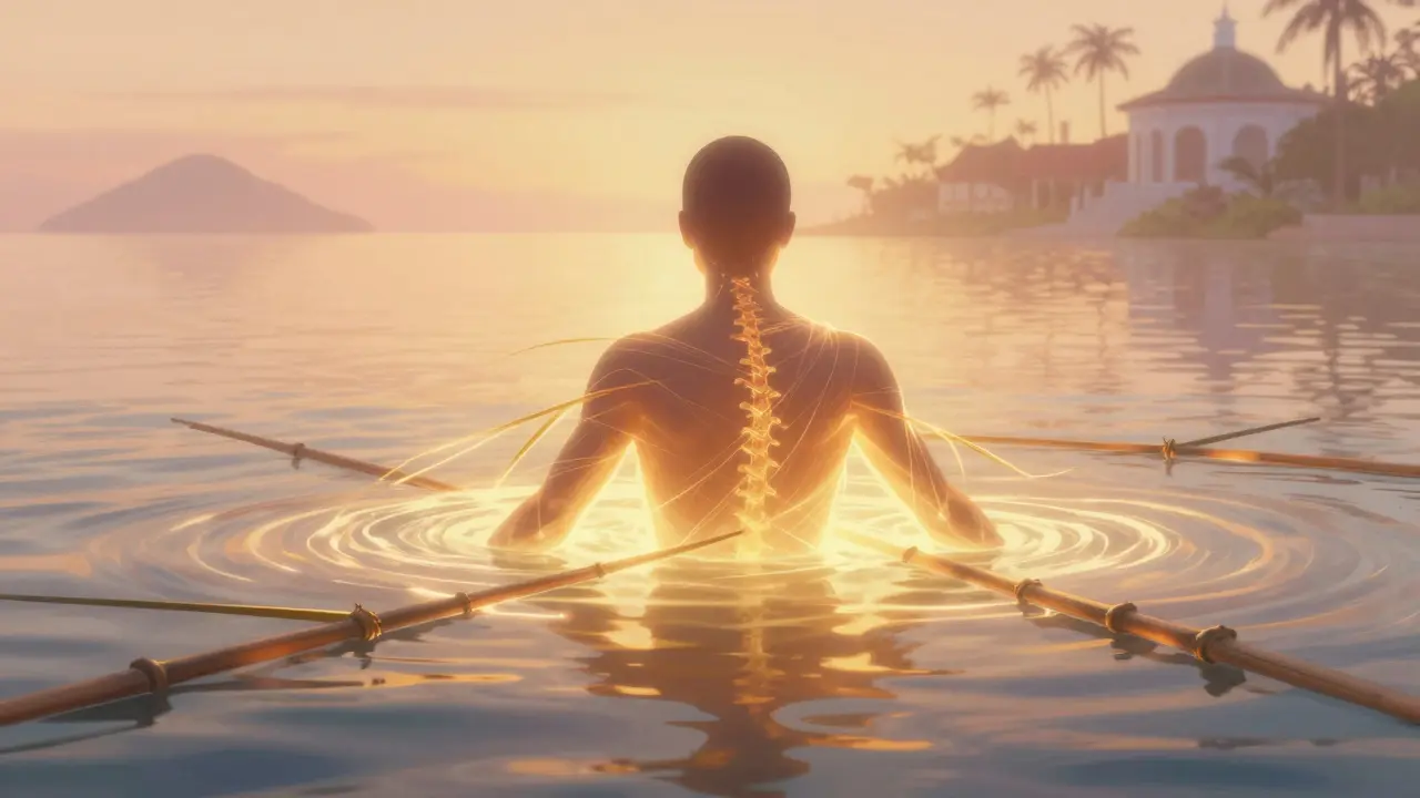 Ein menschliches Profil wird von fließenden, warmen Bambusstäben in einem Lichtstrom umgeben, symbolisierend Entspannung und Heilung.