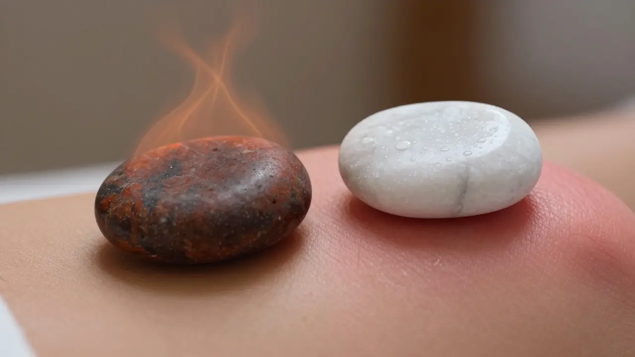 Ein warmer Basaltstein auf dem Rücken und ein kühler Marmorstein auf einem geschwollenen Knie, mit feinen Lichtreflexen.