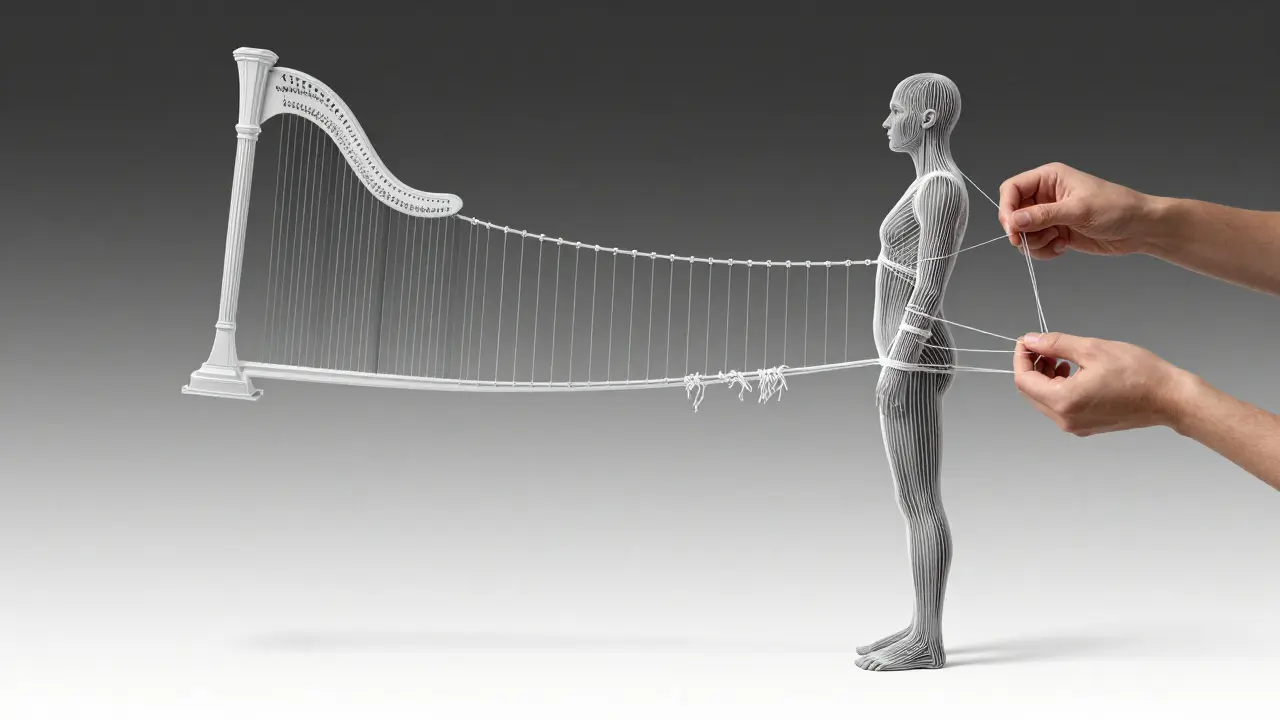 Künstlerische Darstellung eines Körpers als Spannungsnetz, das von Faszien-Therapie wieder ausgerichtet wird.