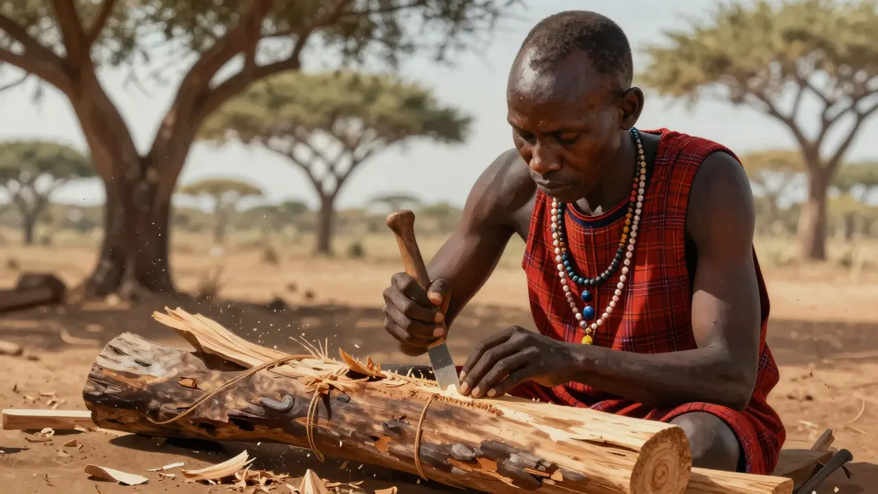 Maasai-Handwerker schnitzt einen Rungu aus Akazienholz mit traditionellen Werkzeugen in der Savanne.
