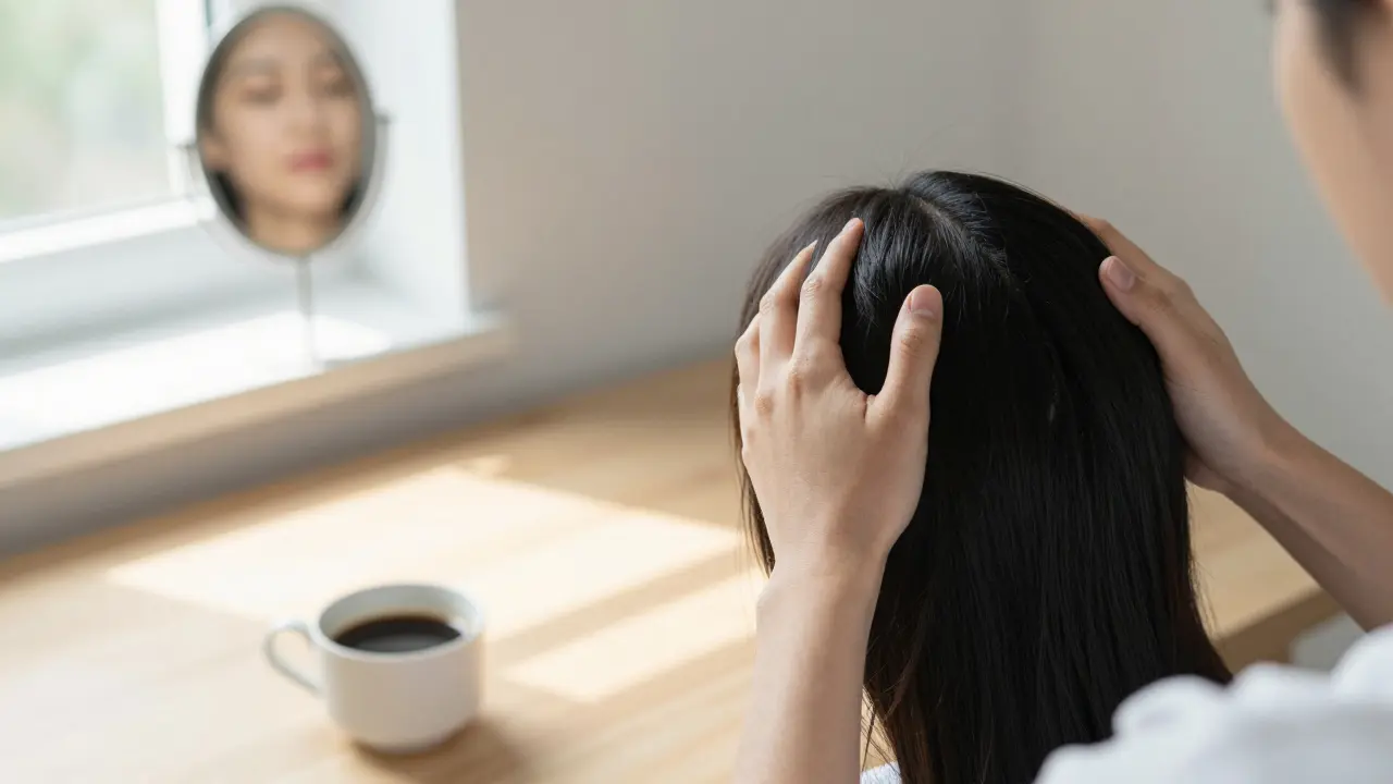 Morgendliche Champissage-Routine mit bloßen Händen und Kaffee auf einem holzigen Tisch, ruhige Atmosphäre.