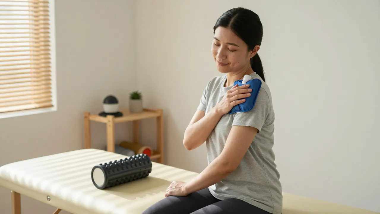 Patientin hält eine Wärmflasche an die Schulter nach einer neuromuskulären Massage, ruhig und entspannt in einem lichtdurchfluteten Raum.