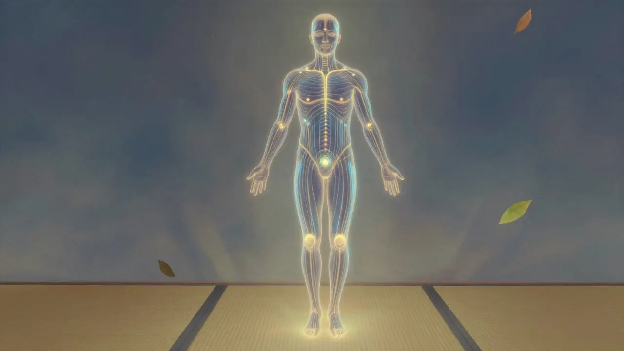 Unsichtbare Energielinien verbinden Körperpunkte, während sanfter Druck die Lebenskraft wiederherstellt.