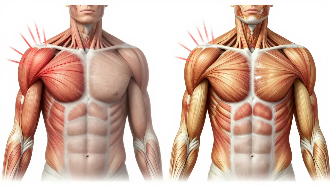 Vergleich anatomischer Darstellung: verspannte Muskulatur mit Schmerzsignalen vs. entspannte Muskulatur nach Therapie mit durchbluteter Wiederherstellung.