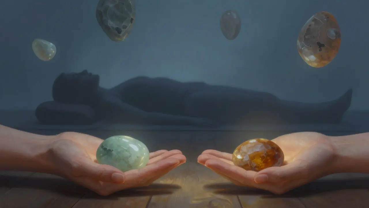 Zwei Steine — einer warm, einer kühl — liegen in den Händen, umgeben von schwebenden, luziden Steinformen in sanften Farben.