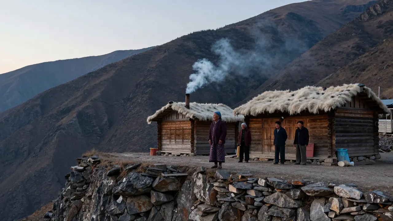 Ein kleines Dorf in den Bergen, Bewohner stehen still auf einem Felsvorsprung bei Sonnenaufgang, keine Technik, nur Natur.