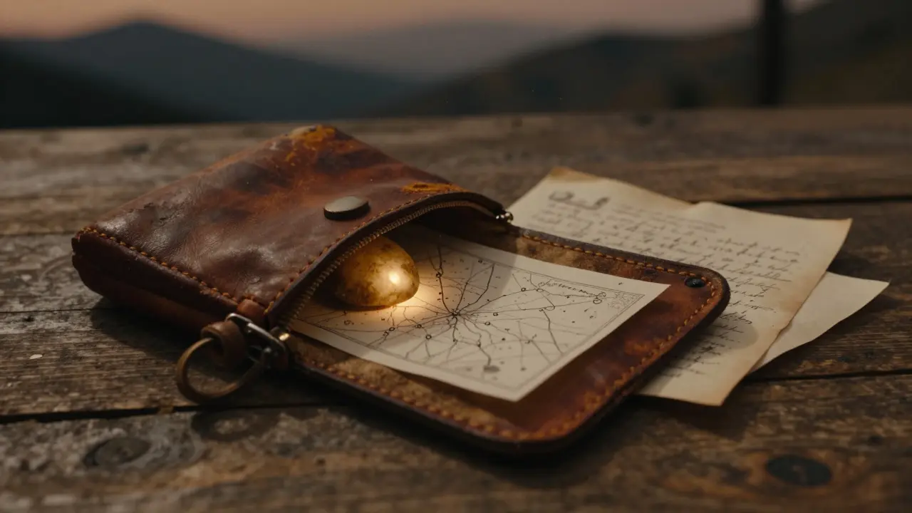Ein Lederbeutel mit einer handgezeichneten Karte und einem warmen Stein, daneben ein handschriftlicher Brief auf altem Papier.