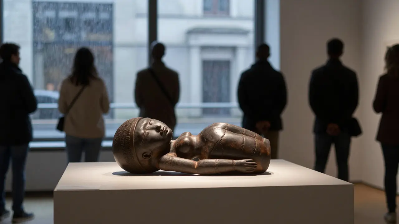 Ein Rungu in einer Berliner Galerie, allein auf einem Podest, als stiller Symbol für kulturelle Identität und Erbe.