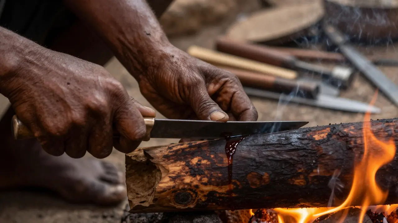 Eine Hand eines afrikanischen Handwerkers formt einen Rungu mit Messer und Feuer, ohne Maschinen, nur mit Tradition.