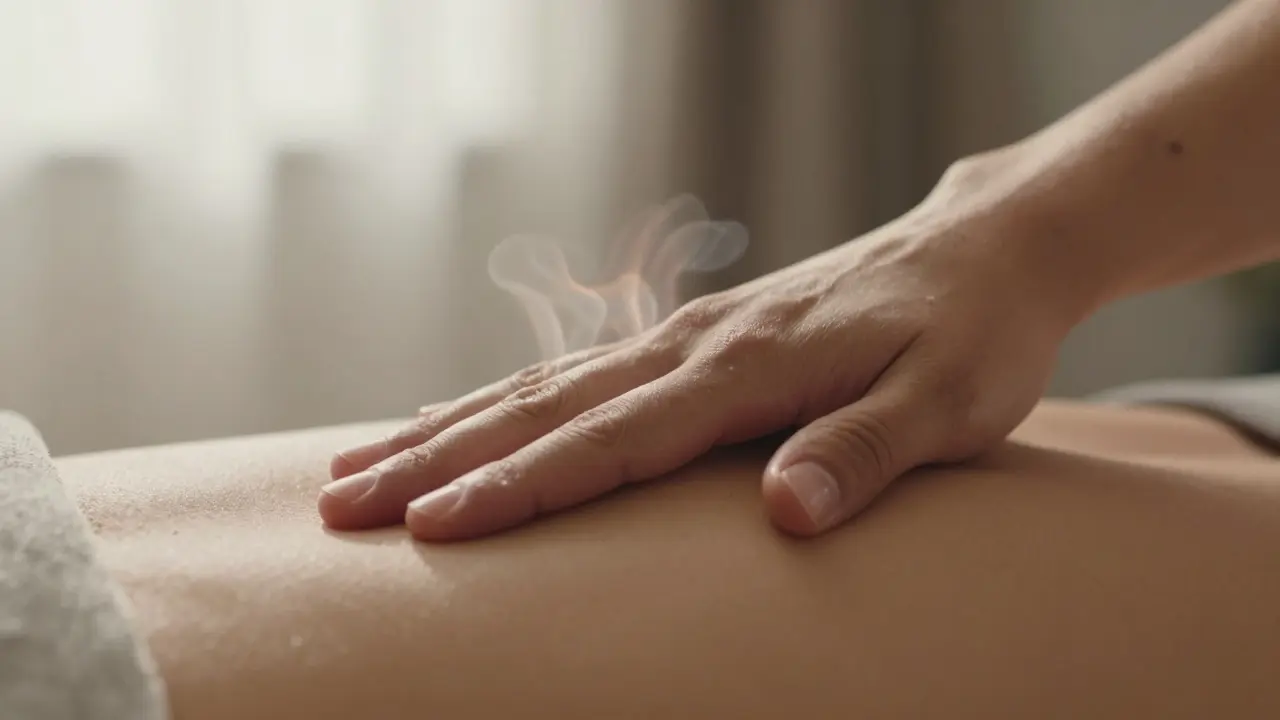 Nahaufnahme von Händen, die sich wärmen und sanft auf den Brustkorb gelegt werden.