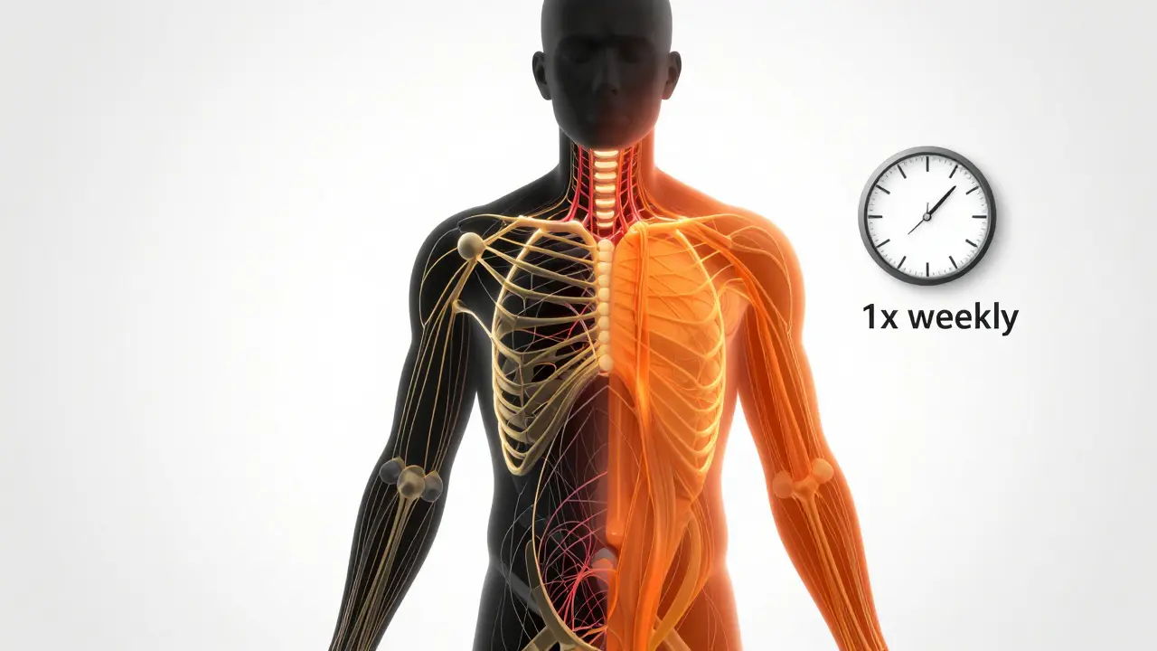 Silhouetten des Körpers mit vergleichenden Fascia-Netzen: verklebt vs. entspannt nach Massage.