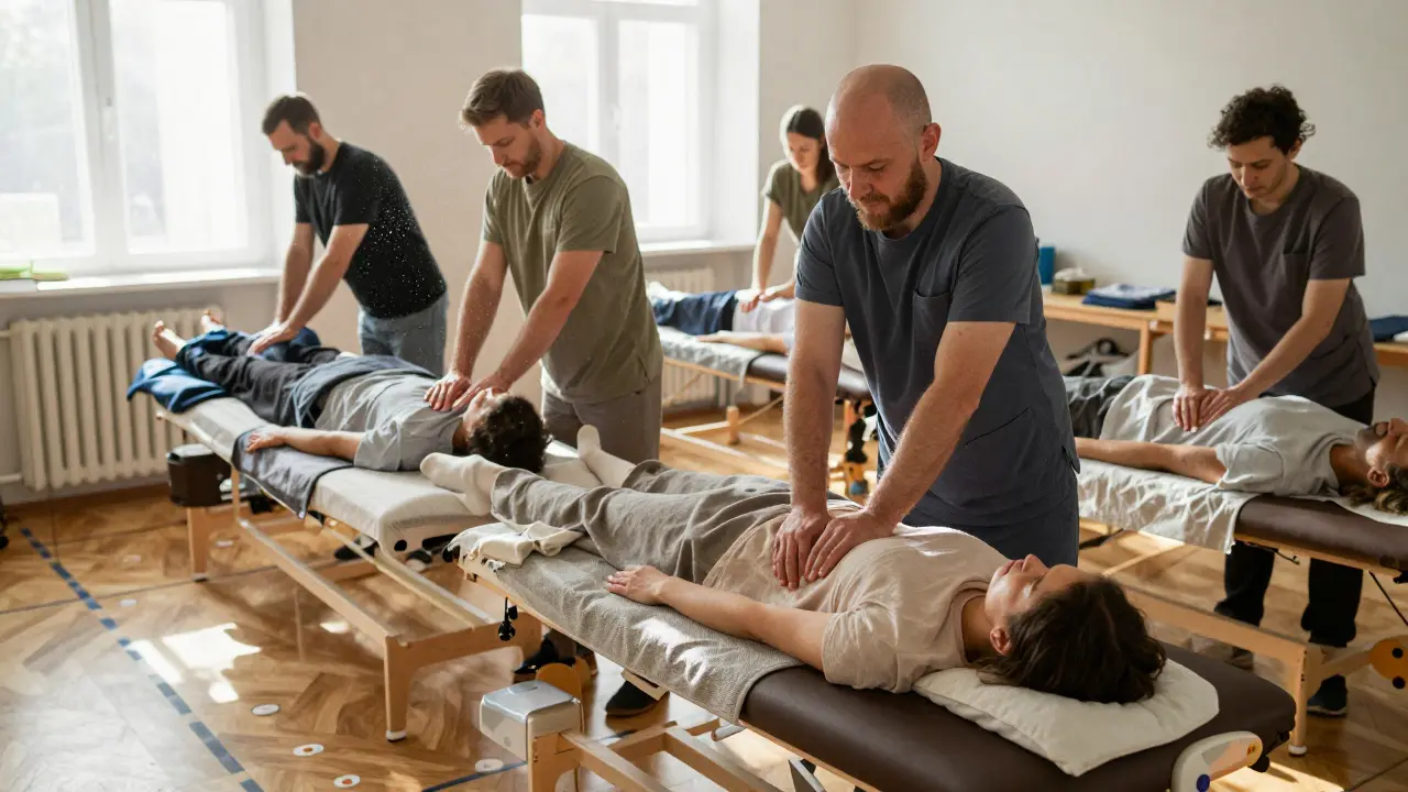 Team blinder Therapeuten in einem Berliner Reha-Zentrum bietet massierte Behandlungen in taktil gestalteten Räumen an.