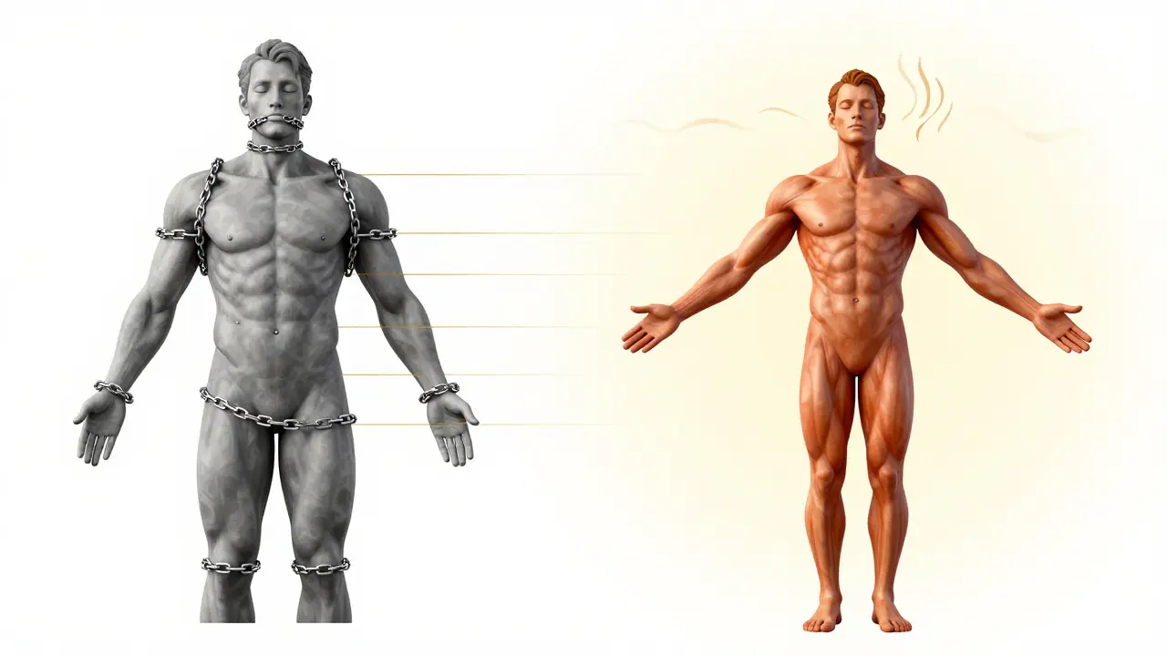 Vergleich: gestresster Körper mit Ketten vs. befreiter Körper mit fließender Energie — somatische Transformation ohne Symbole.