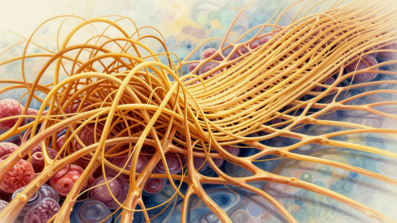 Abstrakte Darstellung von Kollagenfasern, die von ungeordnet zu glatt ausgerichtet werden