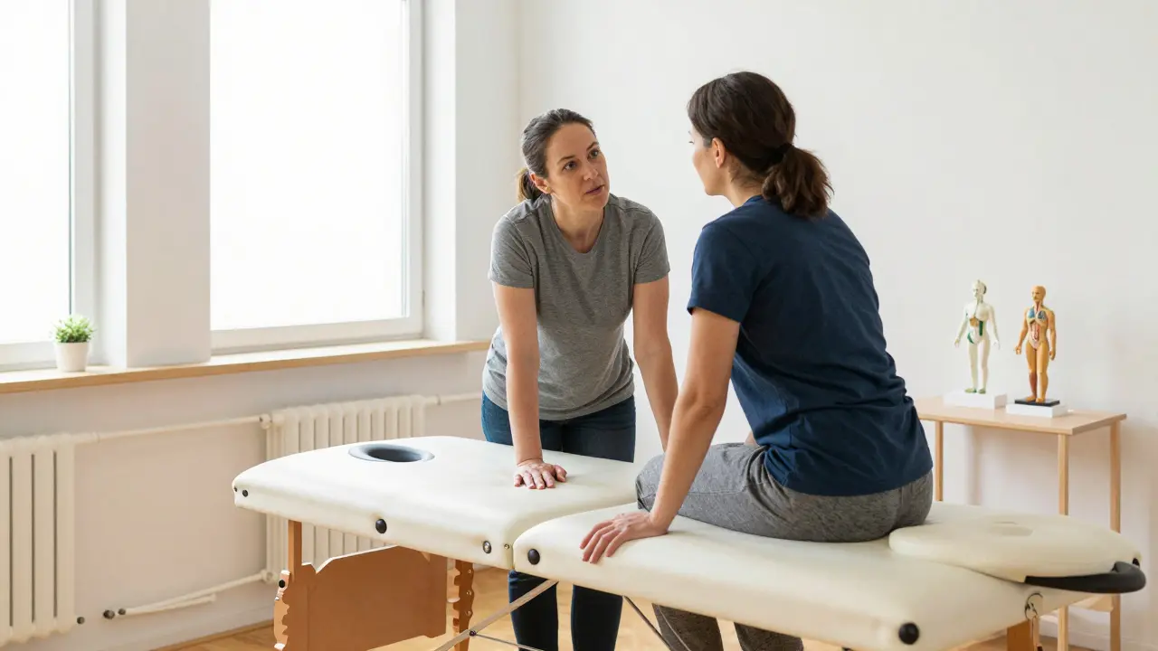 Blinder Therapeut und Patient im Gespräch in einem hellen Physioraum.