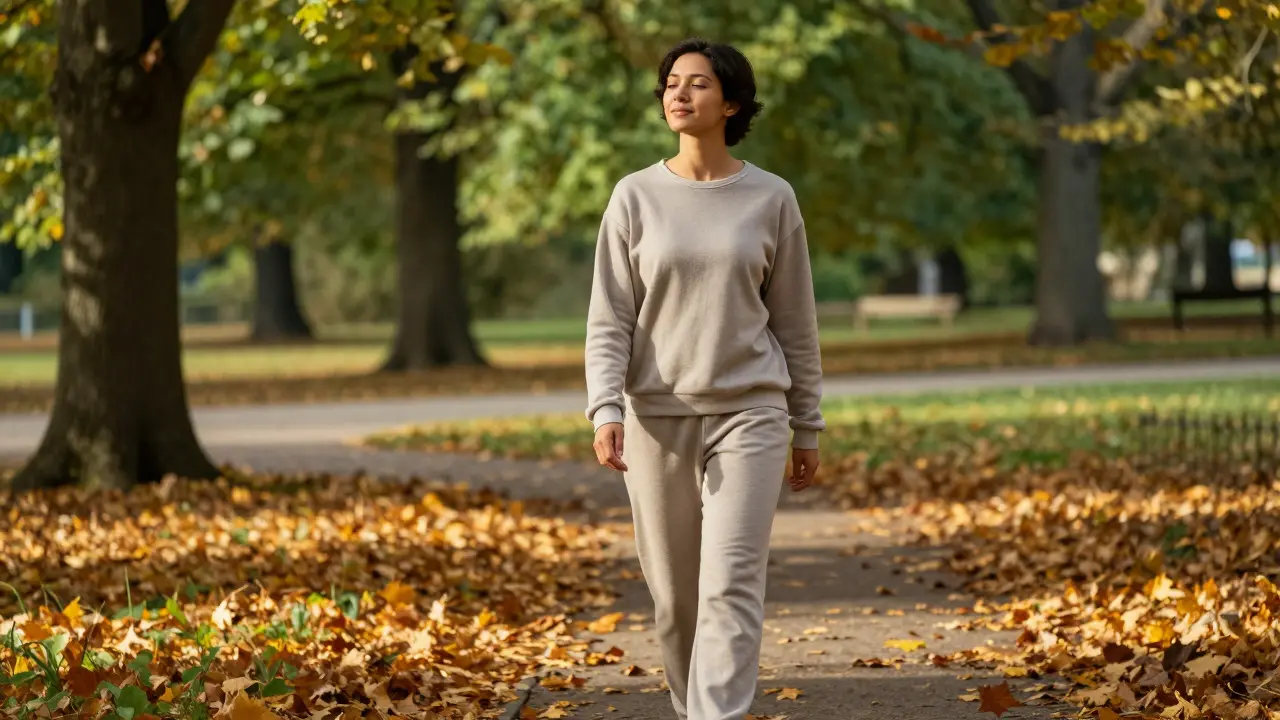 Eine entspannte Person bei einem regenerierenden Spaziergang in einem herbstlichen Park.
