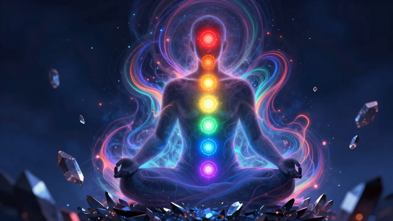 Eine menschliche Silhouette mit leuchtenden Chakren und fließender Energie.