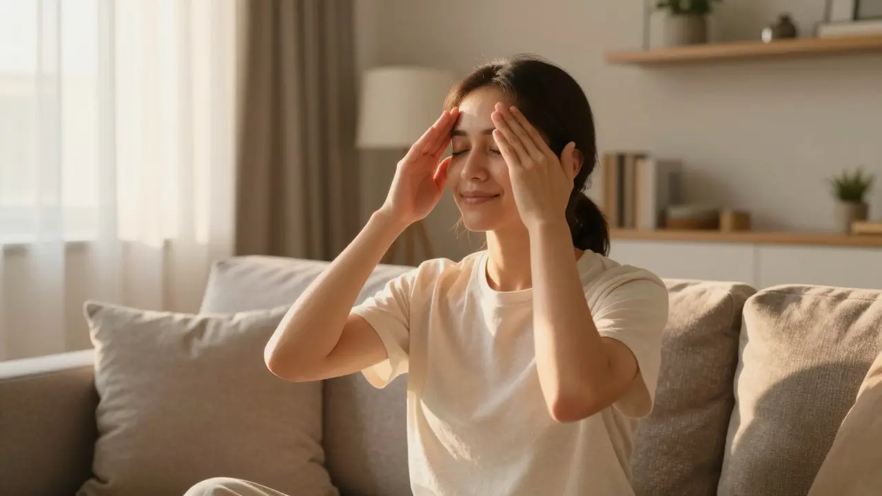 Eine Person, die Reiki-Selbstbehandlung zur Entspannung im Wohnzimmer anwendet.