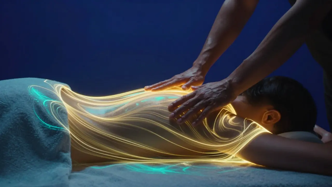 Konzeptionelle Darstellung von Mana als goldene und türkise Lichtwellen, die einen Körper umfließen.