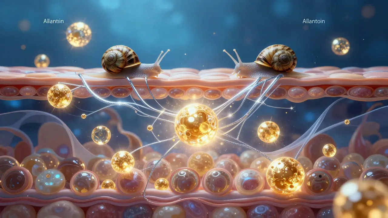 Konzeptuelle Darstellung von Allantoin und Kollagenregeneration in der Haut.
