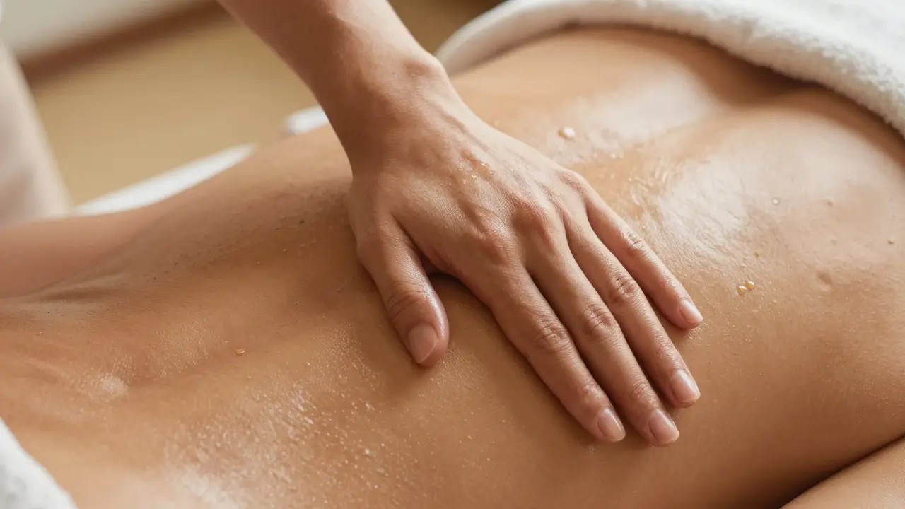 Nahaufnahme einer Lomi Lomi Massage mit Fokus auf den sanften Druck des Unterarms auf geölter Haut.