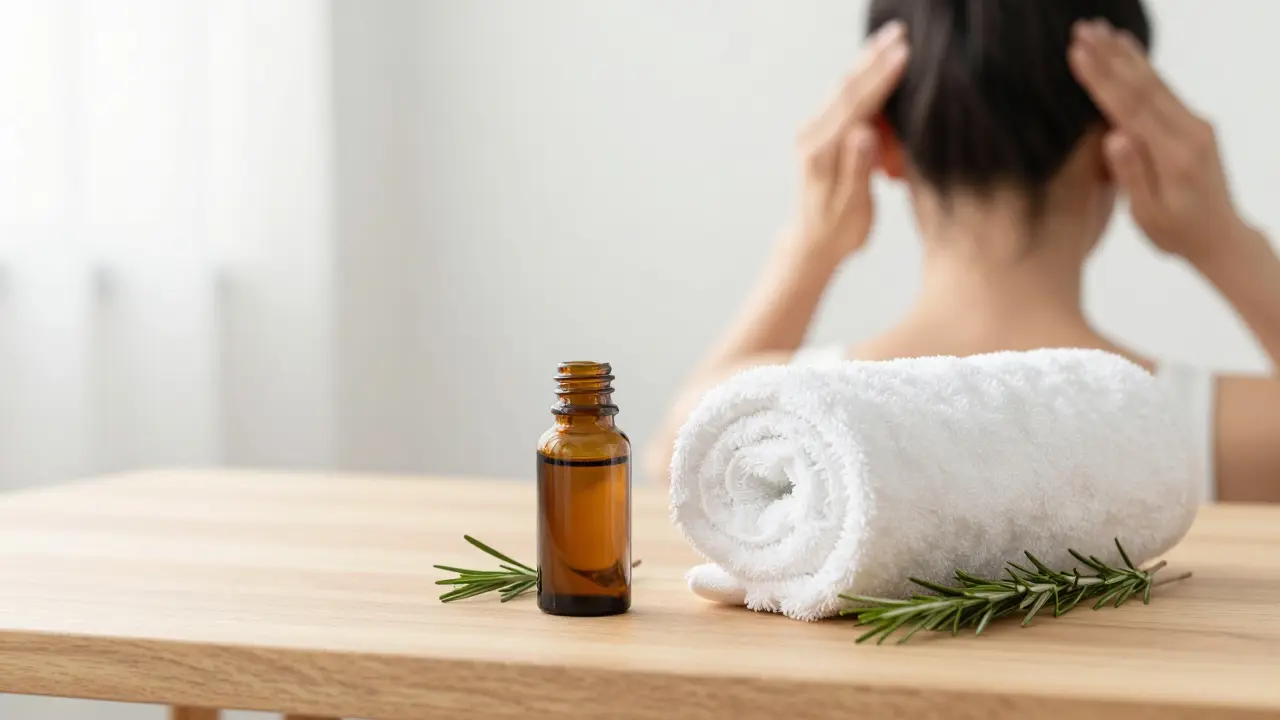 Rosmarinöl und warmes Handtuch für eine Kopfmassage zu Hause