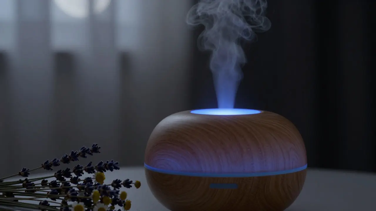 Aromadiffusor gibt sanften Nebel in dunklem Schlafzimmer ab