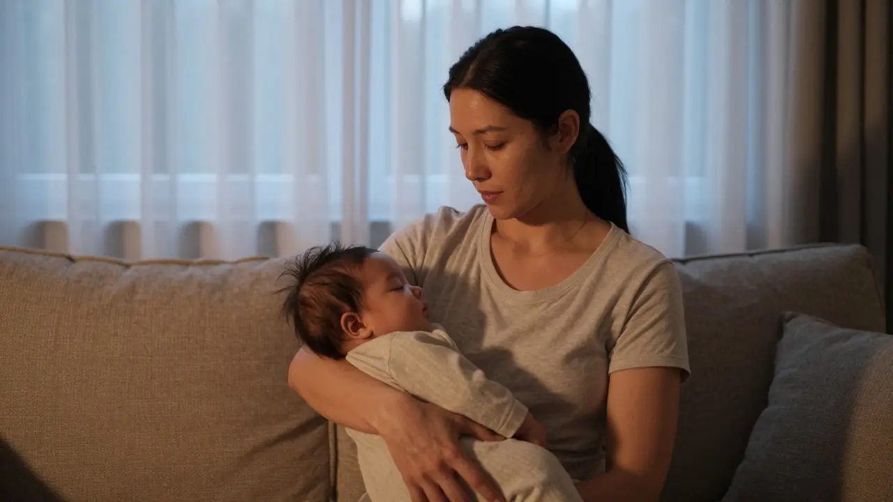 Mutter und Baby in ruhiger Umarmung zur Entspannung