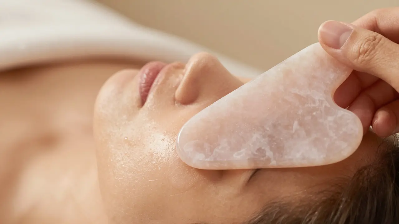 Nahaufnahme: Rosa-Quarz-Gua-Sha am Wangenknochen mit Öl