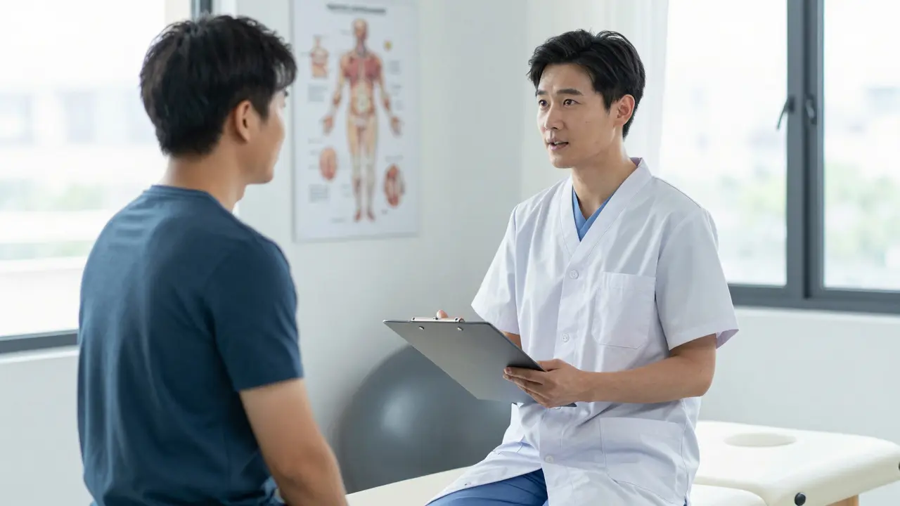 Physiotherapeut bespricht Behandlungsplan mit Patient