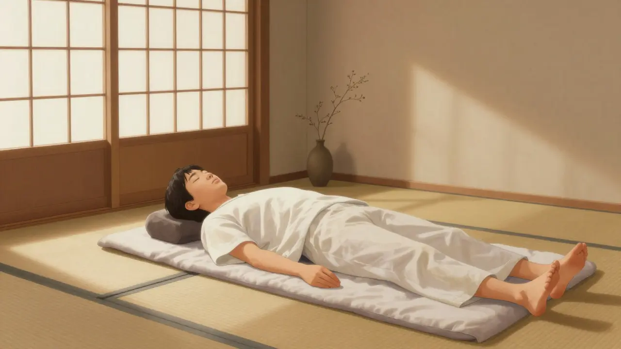 Ruhige Shiatsu-Behandlung auf Matte in japanischem Raum mit weichen Licht