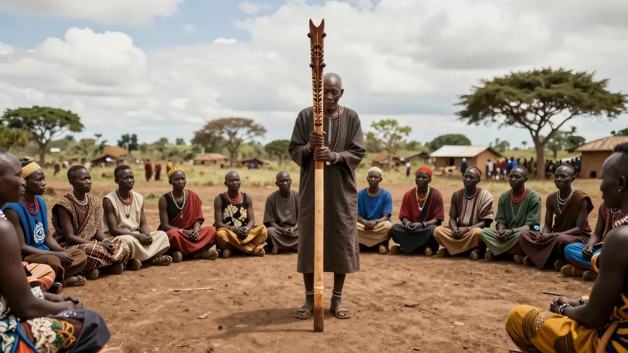 Ein afrikanischer Ältester hält einen Rungu bei einer Dorfgemeinschaftsversammlung als Symbol der Autorität.