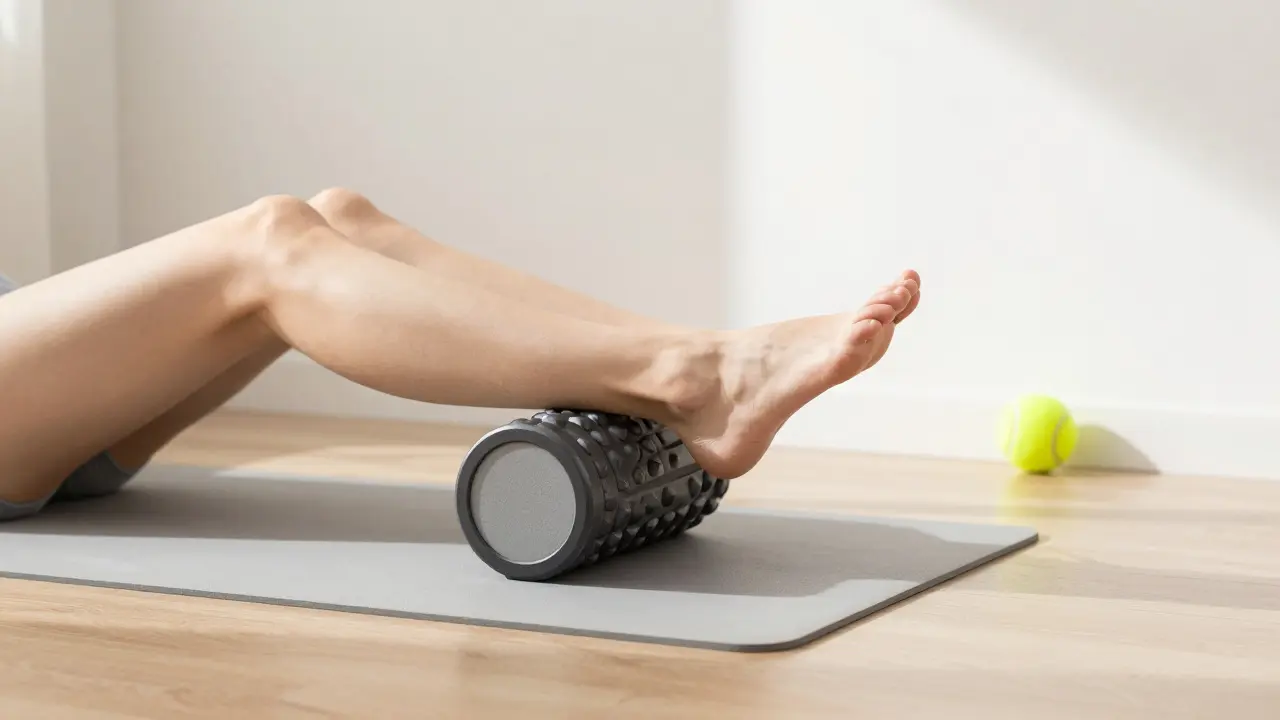 Foam Roller und Tennisball auf hellem Boden für Selbstbehandlung zu Hause