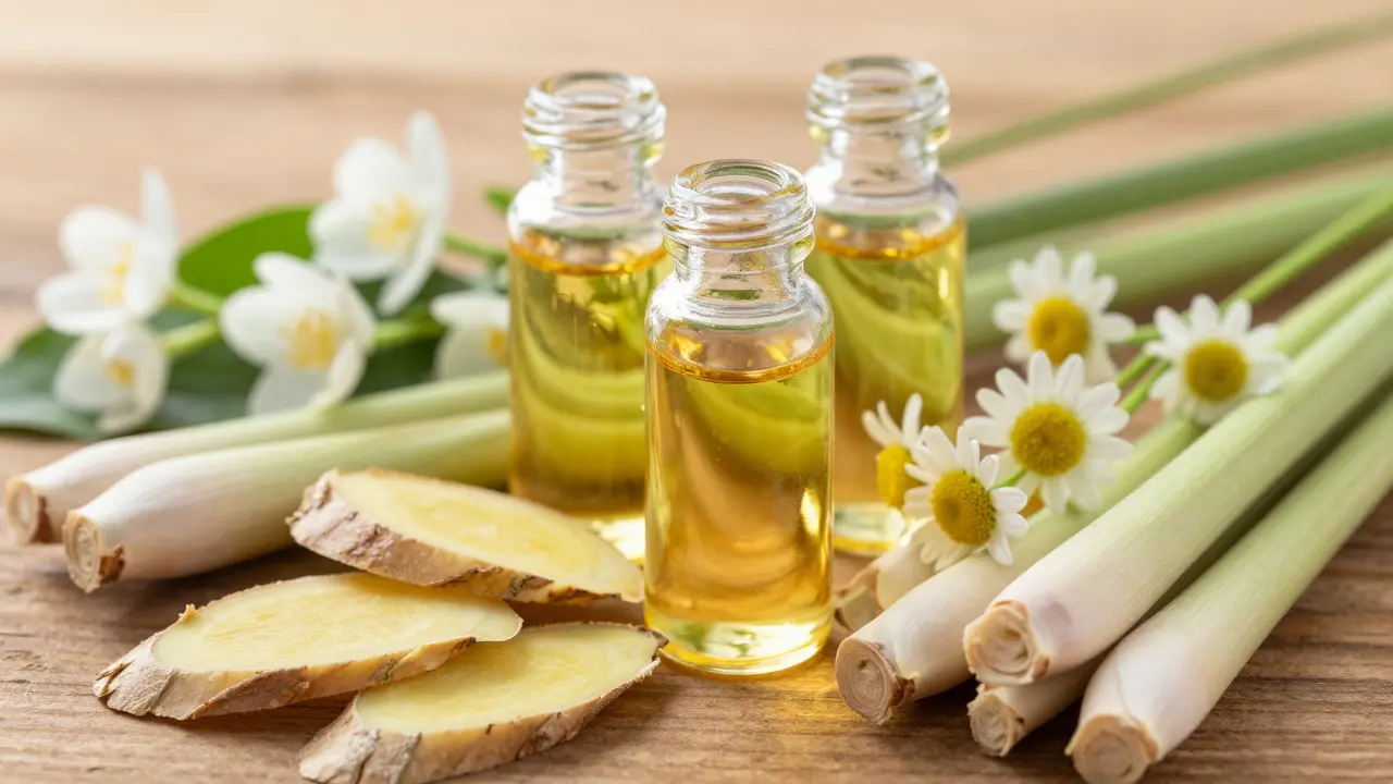 Frische Kräuter wie Ingwer und Jasmin für Öle