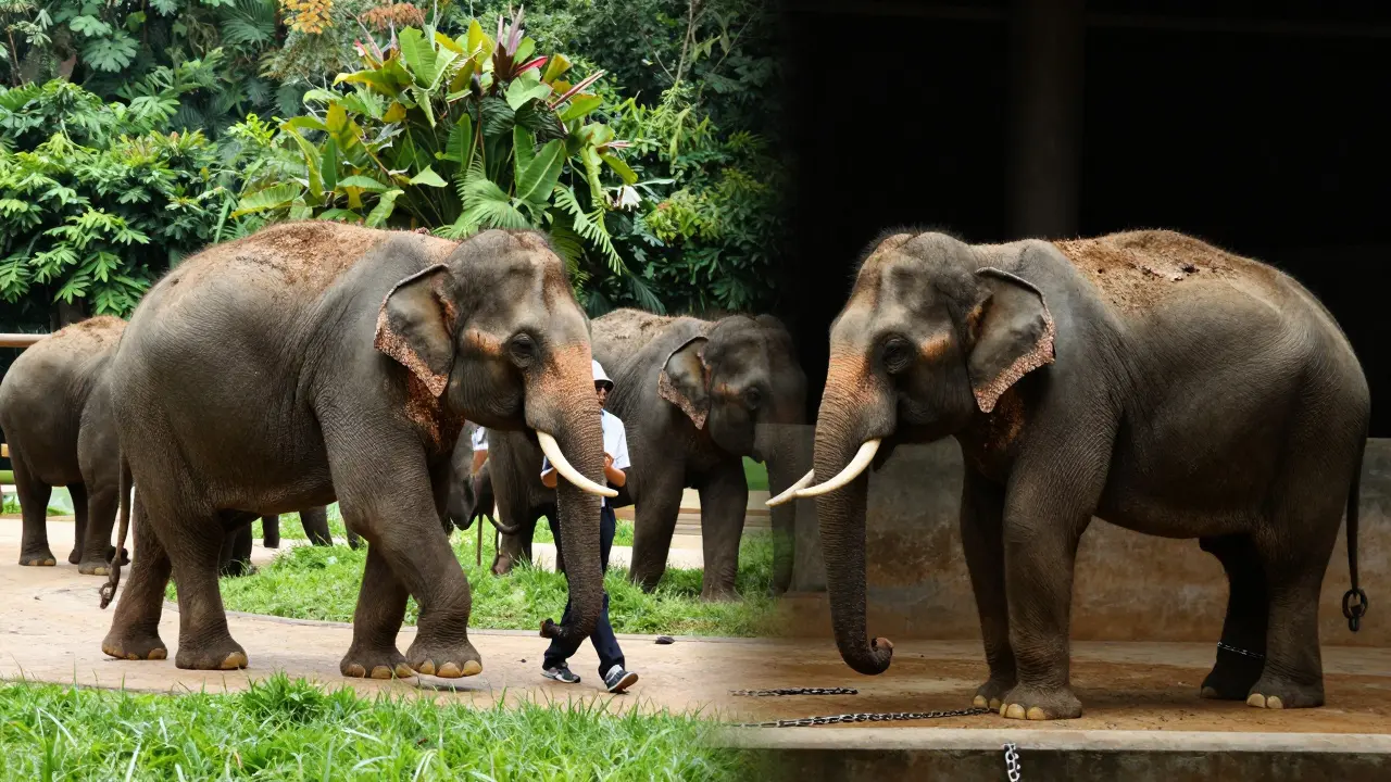 Kontrastbild: Freilaufender Elefant im Sanctuary versus angeketteter Elefant in kommerzieller Haltung
