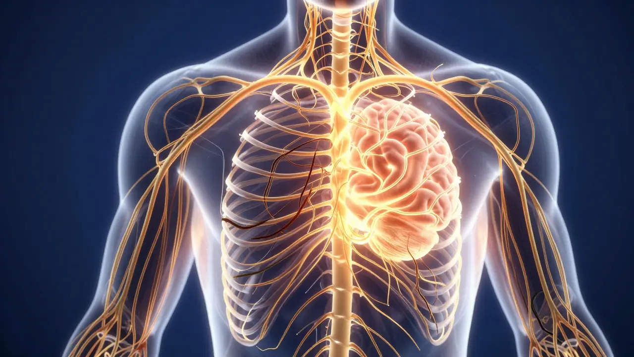 Abstract visualization of nervous system healing, with tangled nerves becoming smooth and glowing.