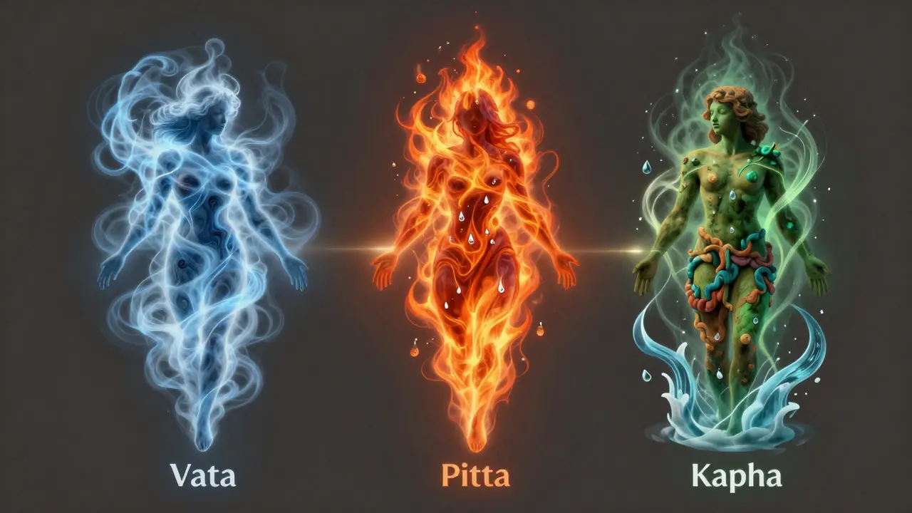 Abstrakte Darstellung der drei Doshas: Vata, Pitta und Kapha
