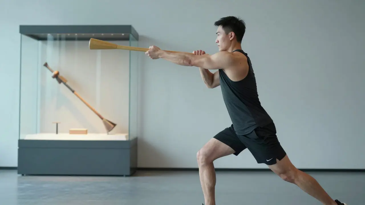 Athlet trainiert im Fitnessstudio mit einer Rungu, Hintergrund zeigt historisches Exemplar.