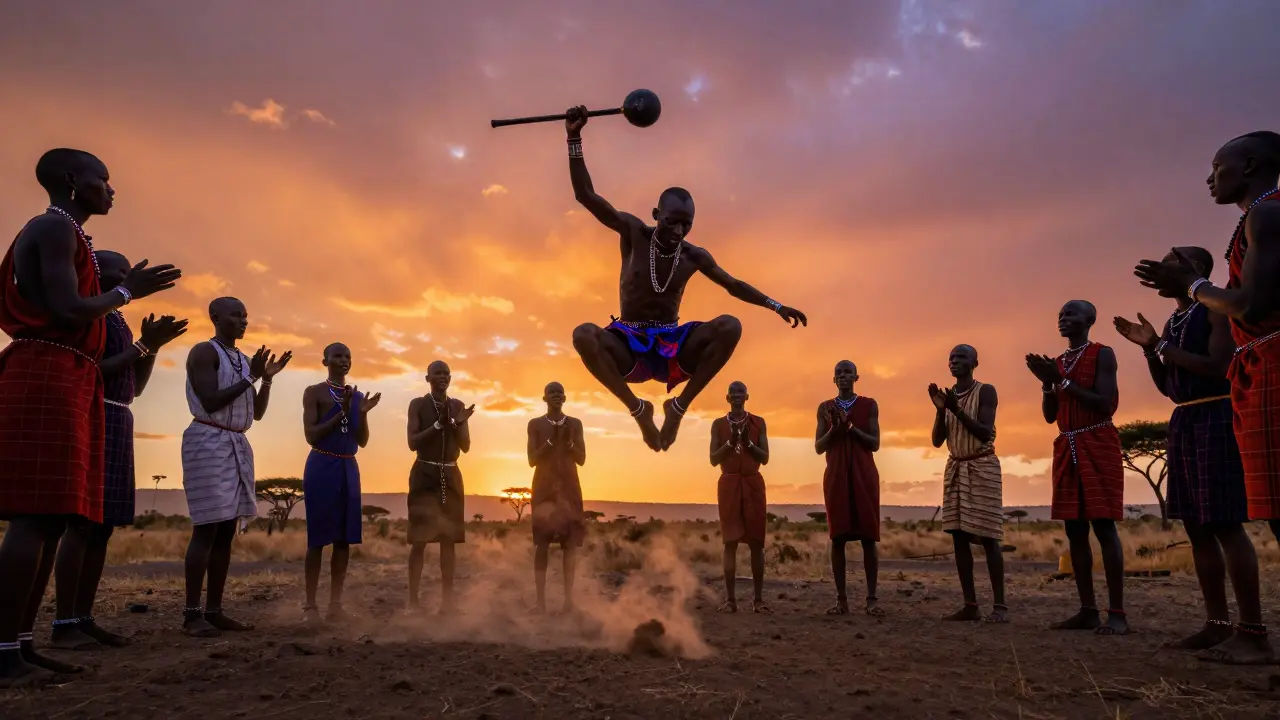 Maasai-Krieger führt den Adumu-Sprungtanz mit einer Rungu bei Sonnenuntergang aus.
