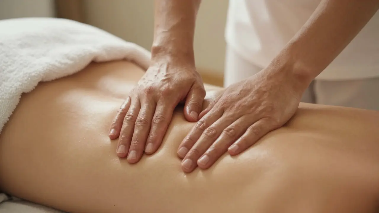 Nahaufnahme von Händen bei tiefer Bauchmassage mit Öl