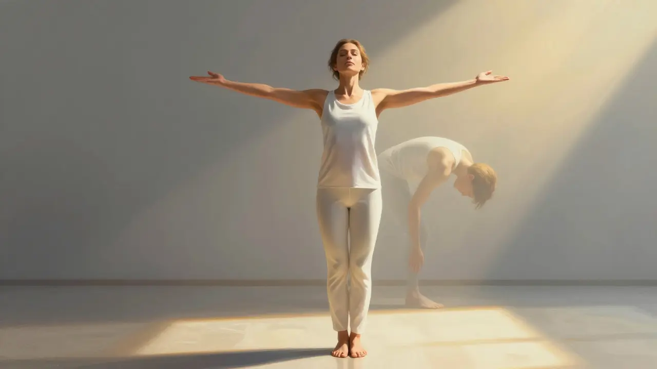 Person standing upright and relaxed in sunlight, releasing old tension patterns for better posture.