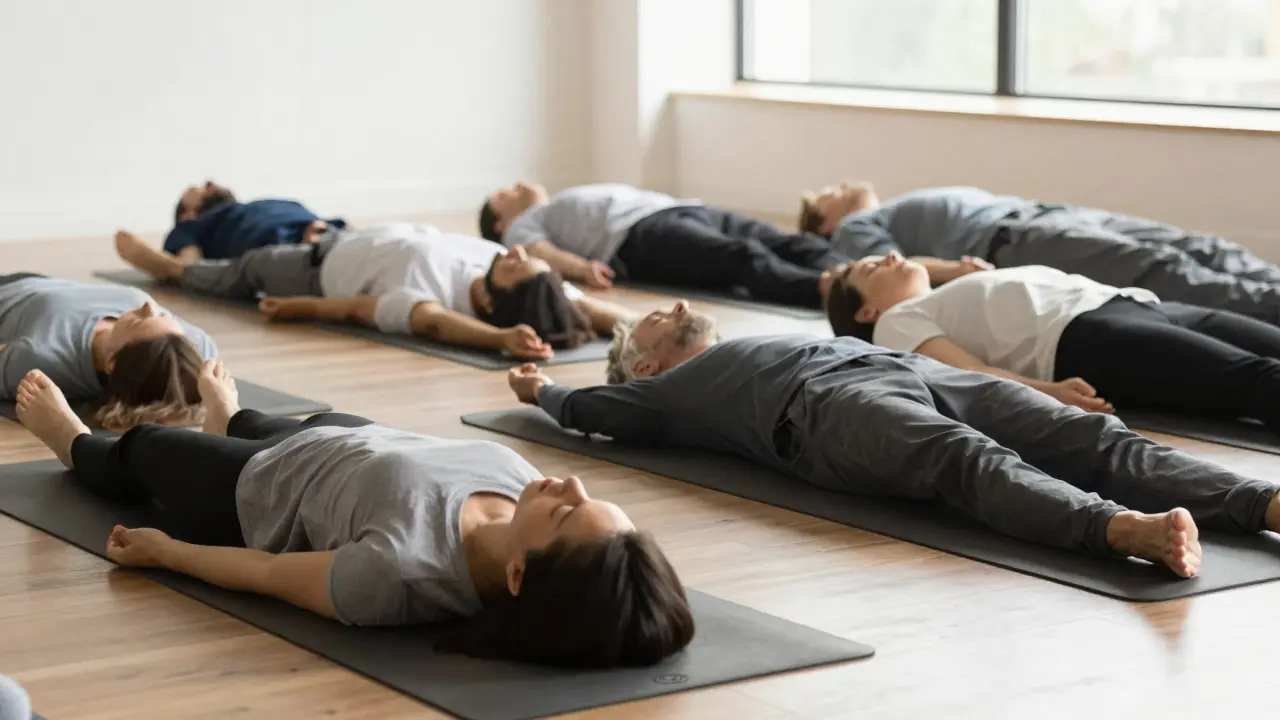 Ruhige Gruppe liegt auf Matten während einer Feldenkrais-Gruppe