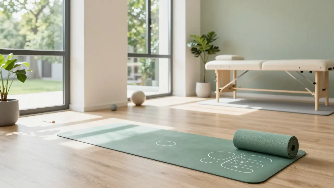 Serene, sunlit therapy studio interior with natural elements, suggesting holistic wellness and calm.