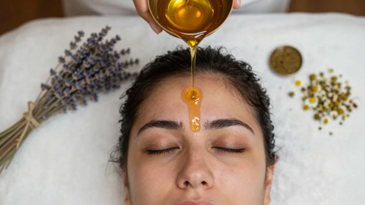 Shirodhara-Behandlung: Öl tropft auf die Stirn zur Meditation
