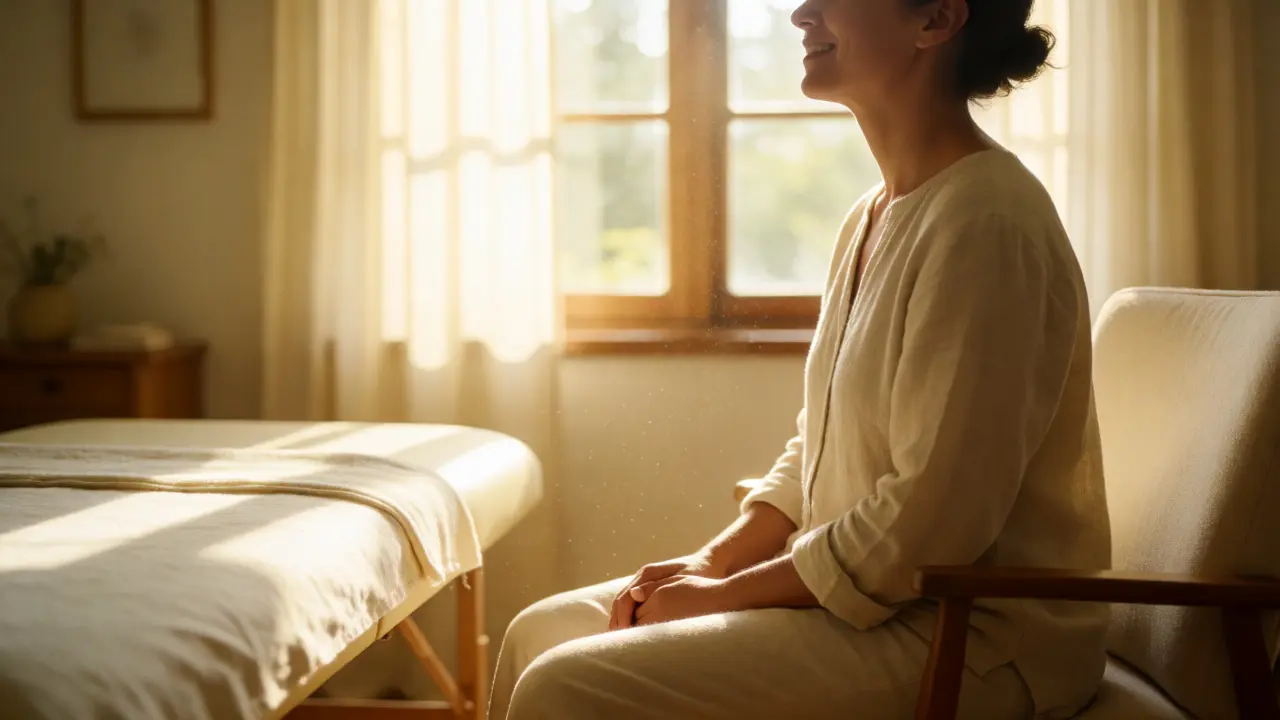 Eine Person sitzt nach einer Therapie ruhig und ausgeglichen im Sonnenlicht am Fenster.