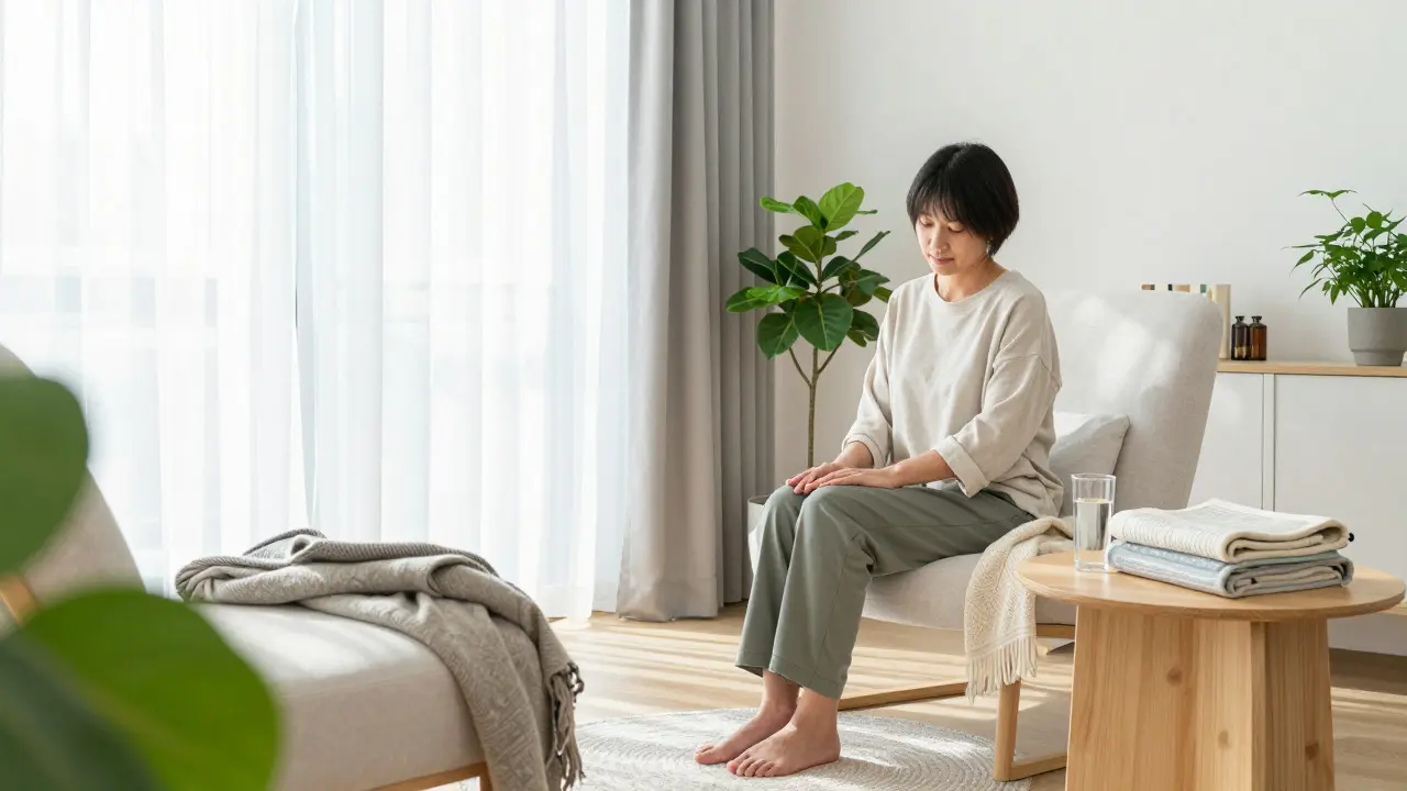 Einladender Behandlungszimmer mit bequemer Kleidung und Wasser bereit
