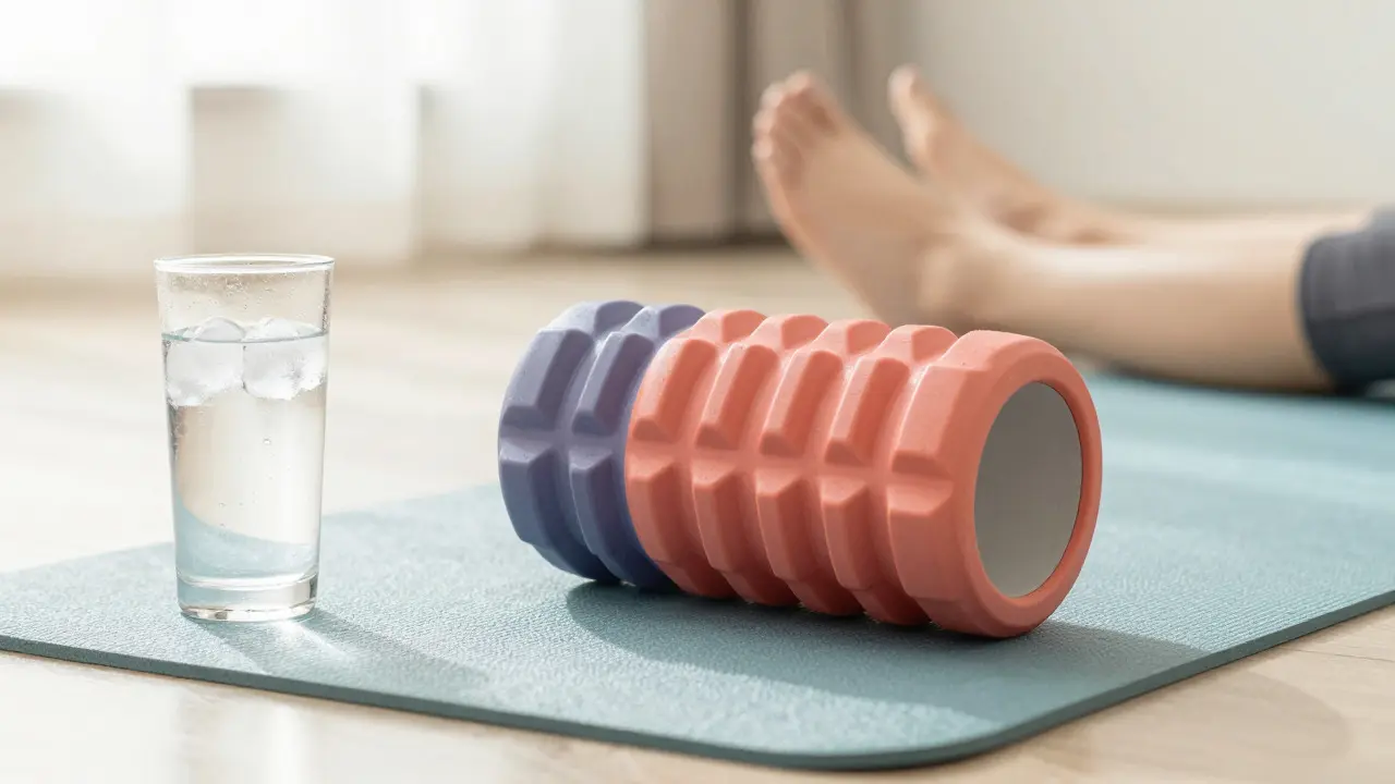 Foam Roller und Glas Wasser auf Yogamatte für die Regeneration und Hydratation